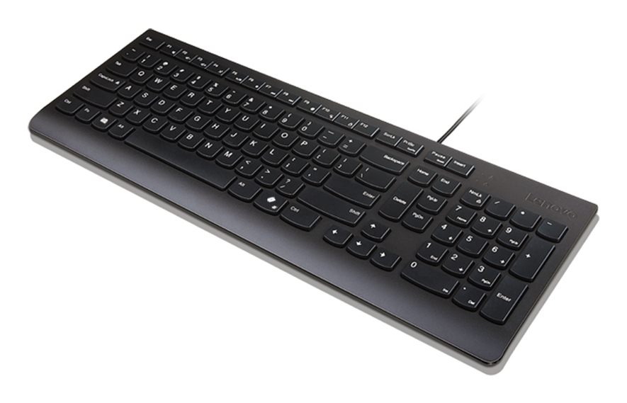 Eine schwarze Lenovo-Tastatur mit integriertem Ziffernblock und weißer Beschriftung auf weißem Hintergrund.