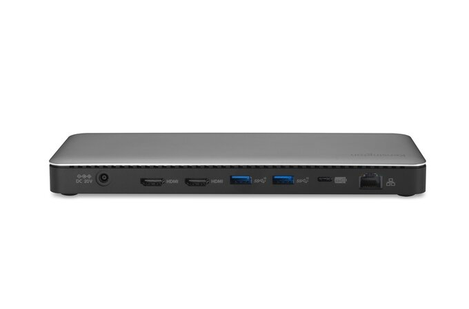 A grey and black docking station with various ports on the back against a white background.