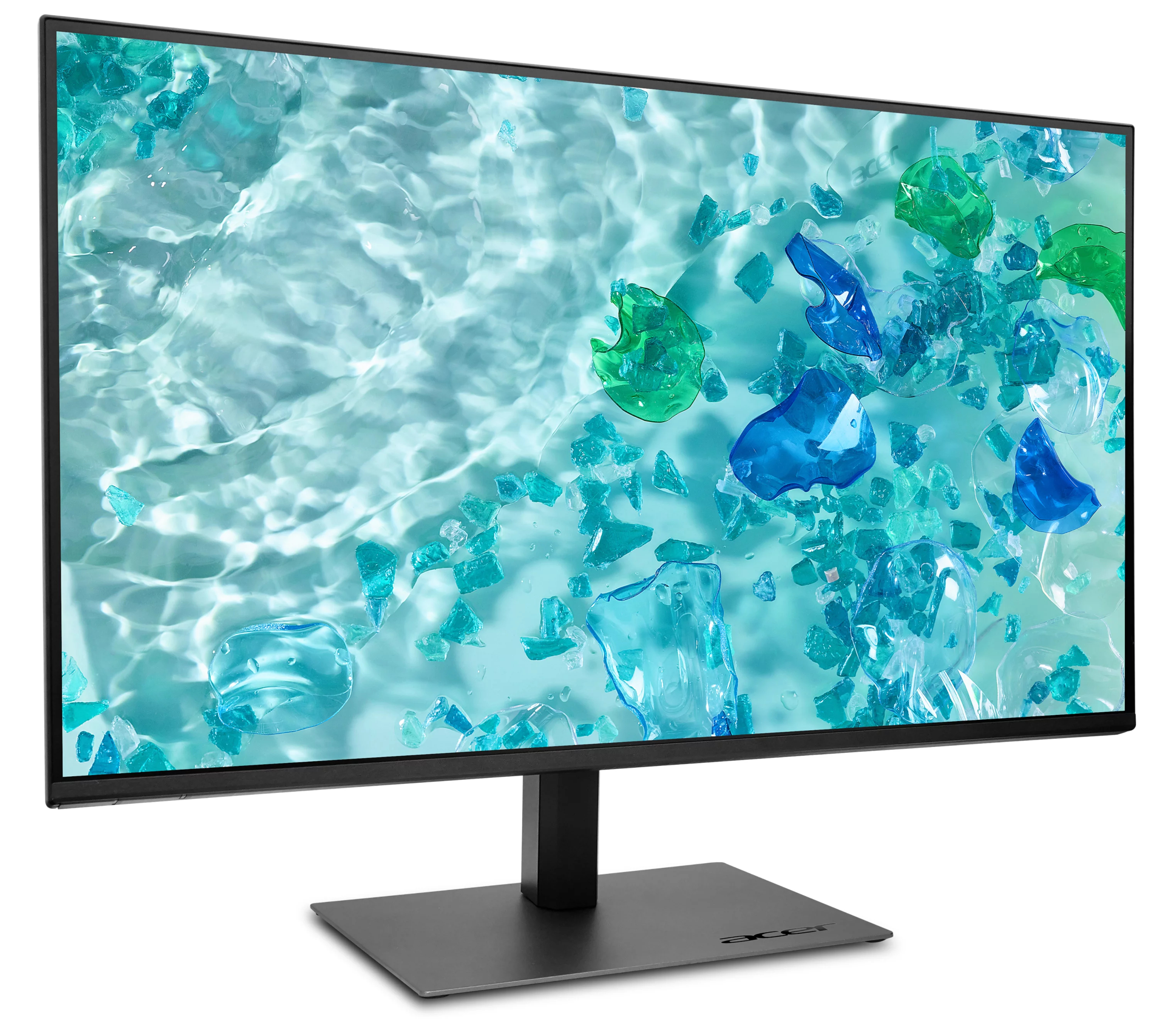 Czarny monitor Acer wyświetla tapetę z niebieską wodą i odłamkami szkła na białym tle.