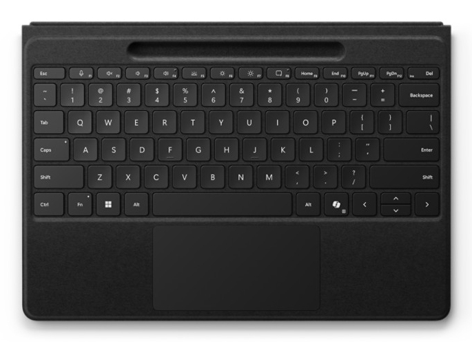 Schwarze Tastatur mit integriertem Stifthalter und Touchpad von oben.