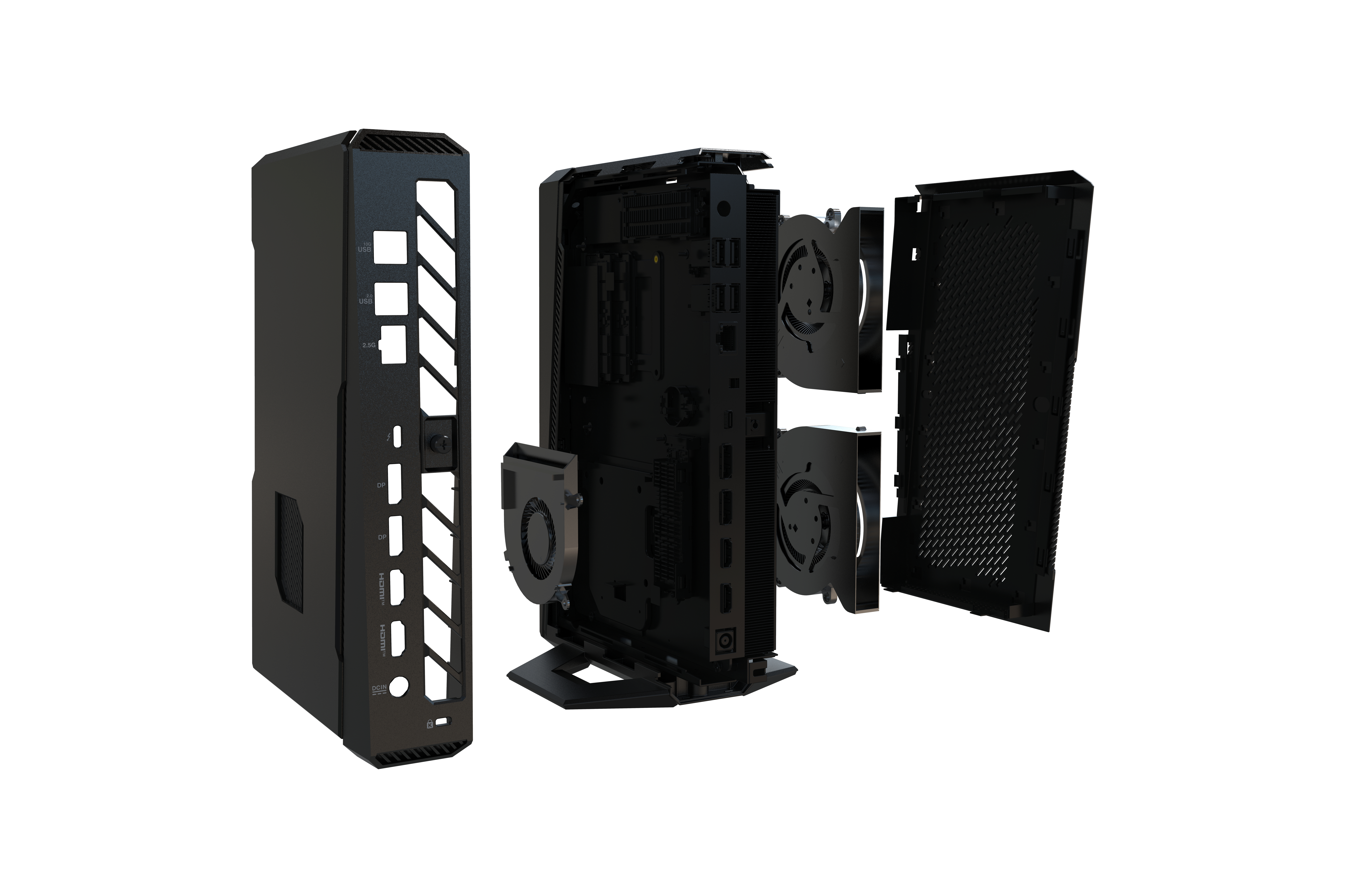 Vista esplosa di un mini case per PC nero con pannelli laterali rimovibili e ventole.