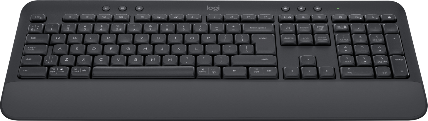 Clavier noir Logitech avec repose-poignets intégré et pavé numérique.