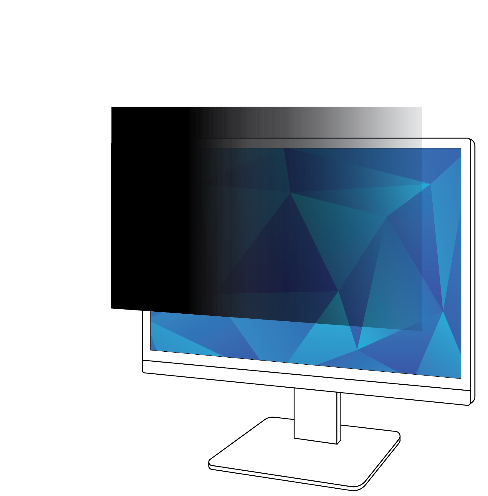 Ein Computermonitor mit blauem geometrischem Hintergrund und einem teilweisen Blickschutzfilter.