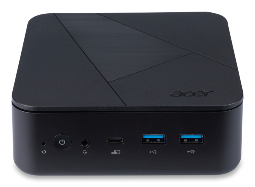 A black Acer mini PC with front power button, audio jack, USB-C, and two USB ports against a white background.