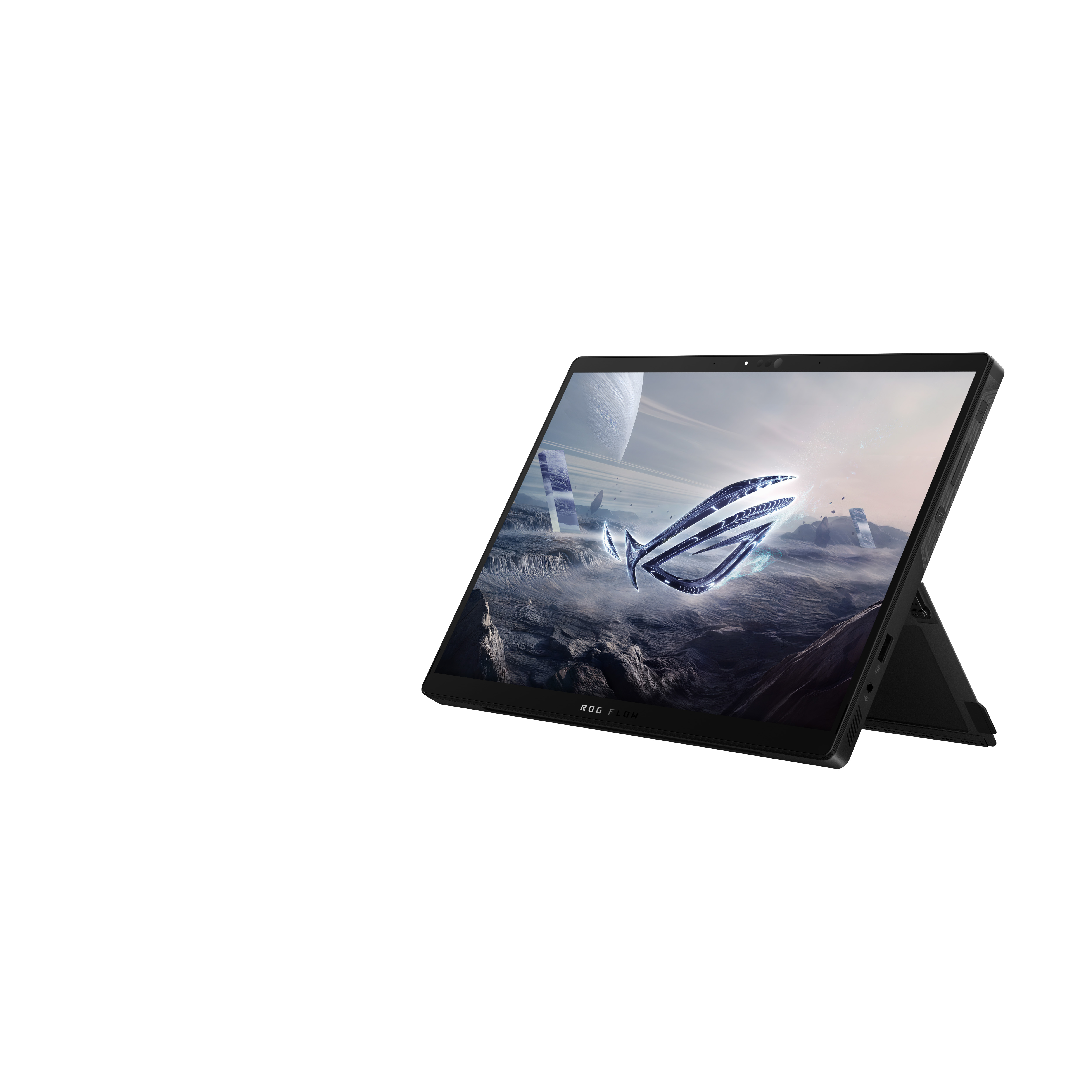 Ein schwarzes ROG Flow Tablet steht auf weißem Hintergrund und zeigt ein futuristisches Felslandschafts-Hintergrundbild.
