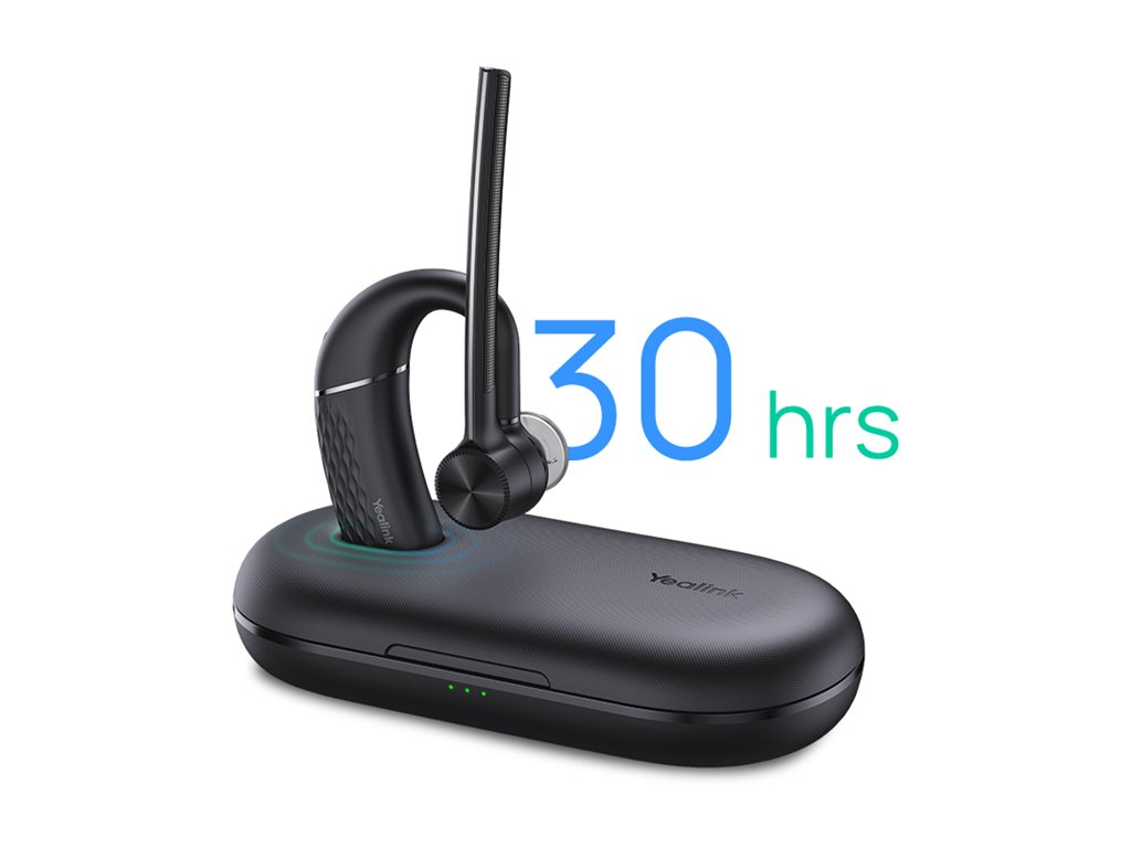 Schwarzes Yealink-Bluetooth-Headset in Ladeschale mit 30-Stunden-Akkuanzeige.