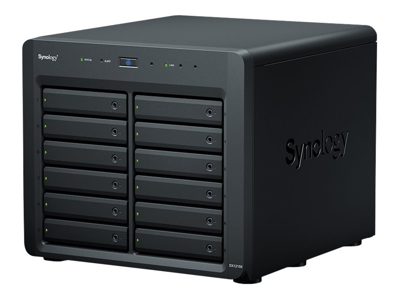 Un dispositivo NAS Synology nero con dodici vani per unità sul davanti e logo bianco.