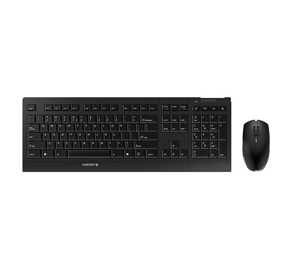 A black computer keyboard and mouse set against a white background.
