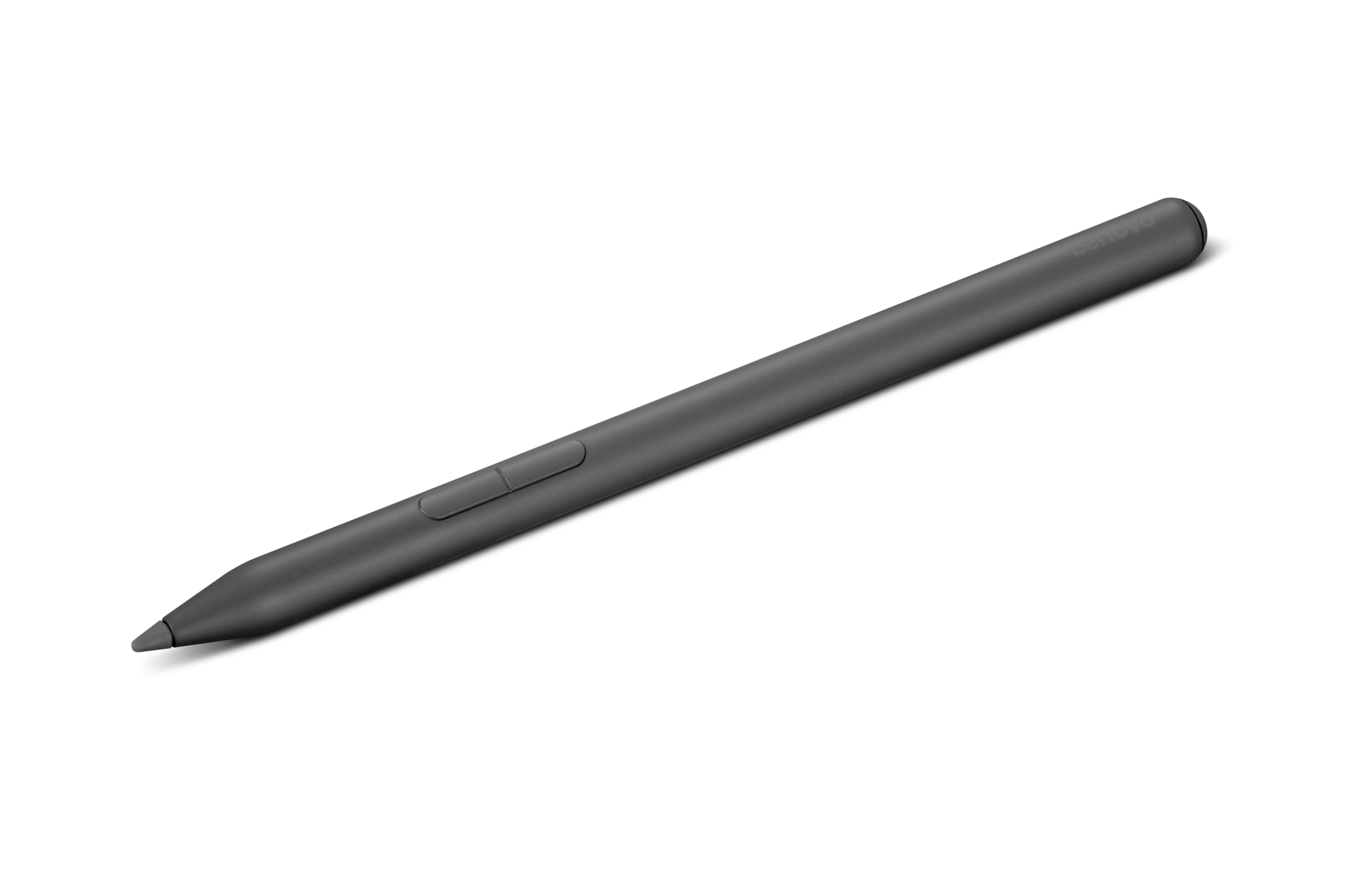 Ein schlanker, grauer Lenovo-Stift mit Knöpfen liegt auf weißem Hintergrund.