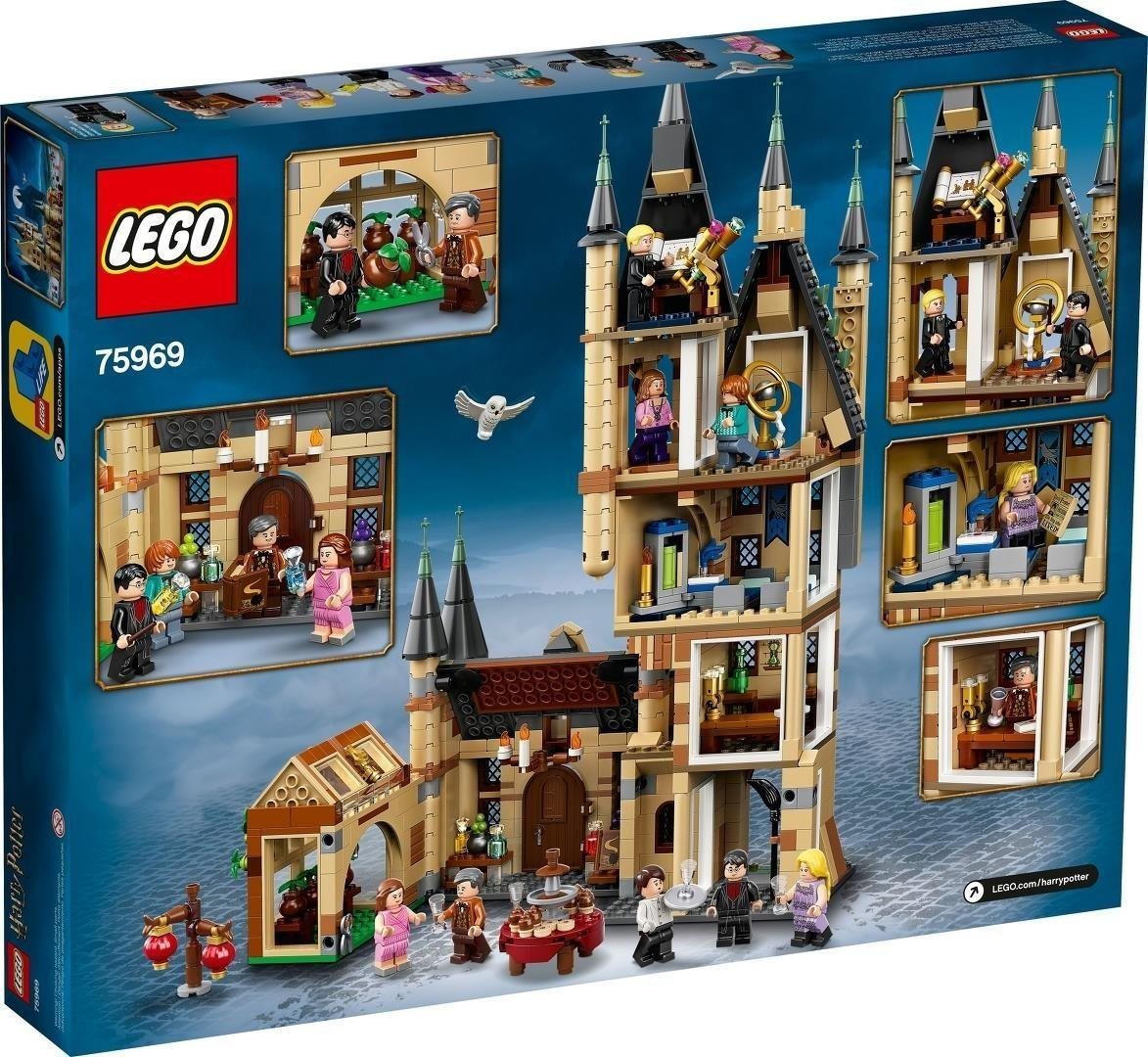 Rückseite einer LEGO Harry Potter Astronomieturm-Box mit verschiedenen Schloss-Szenen und Minifiguren.
