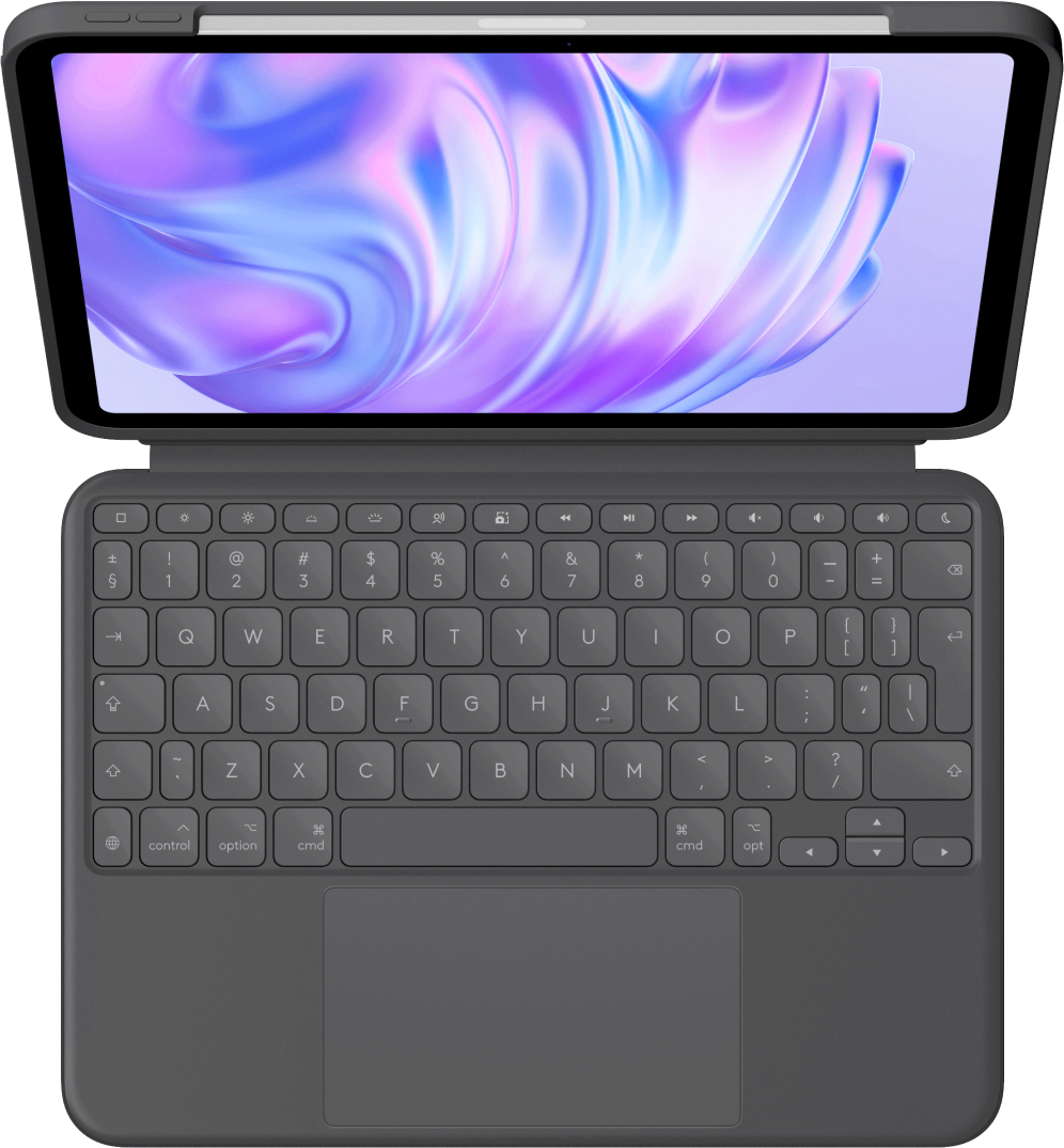 Un tablet grigio con tastiera e stilo collegati, schermo che mostra un motivo ad onde astratte blu e viola.