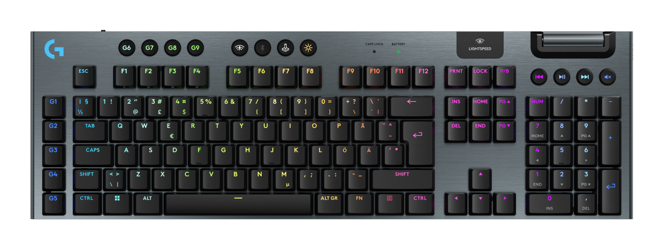 Eine schwarze mechanische Tastatur mit bunter RGB-Hintergrundbeleuchtung, Ziffernblock und Makrotasten auf Metall.