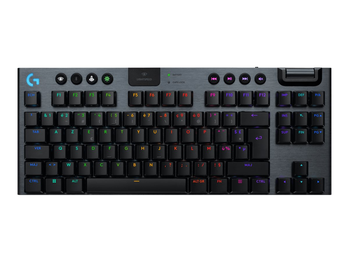 Tastiera meccanica nera con layout AZERTY e retroilluminazione RGB.