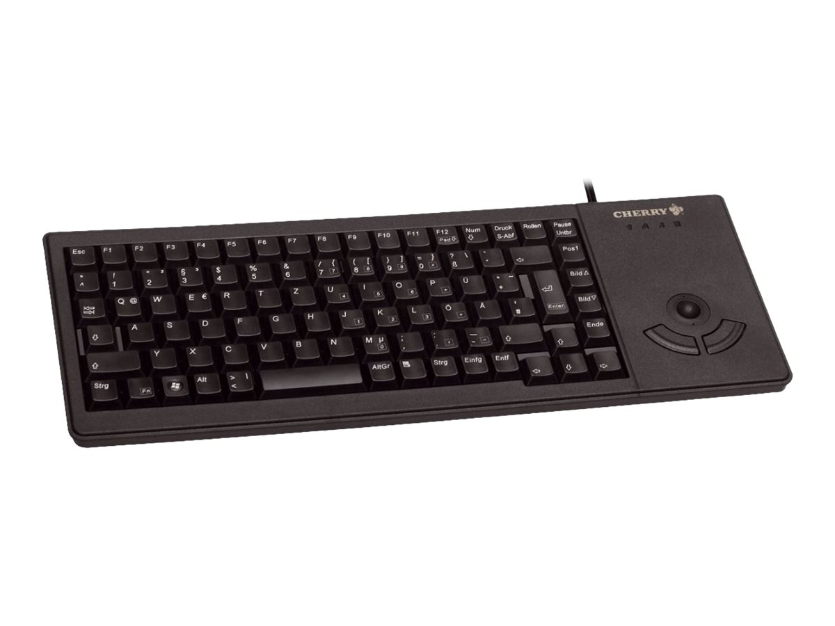 Tastiera Cherry nera con trackball integrata e tasti su sfondo bianco.