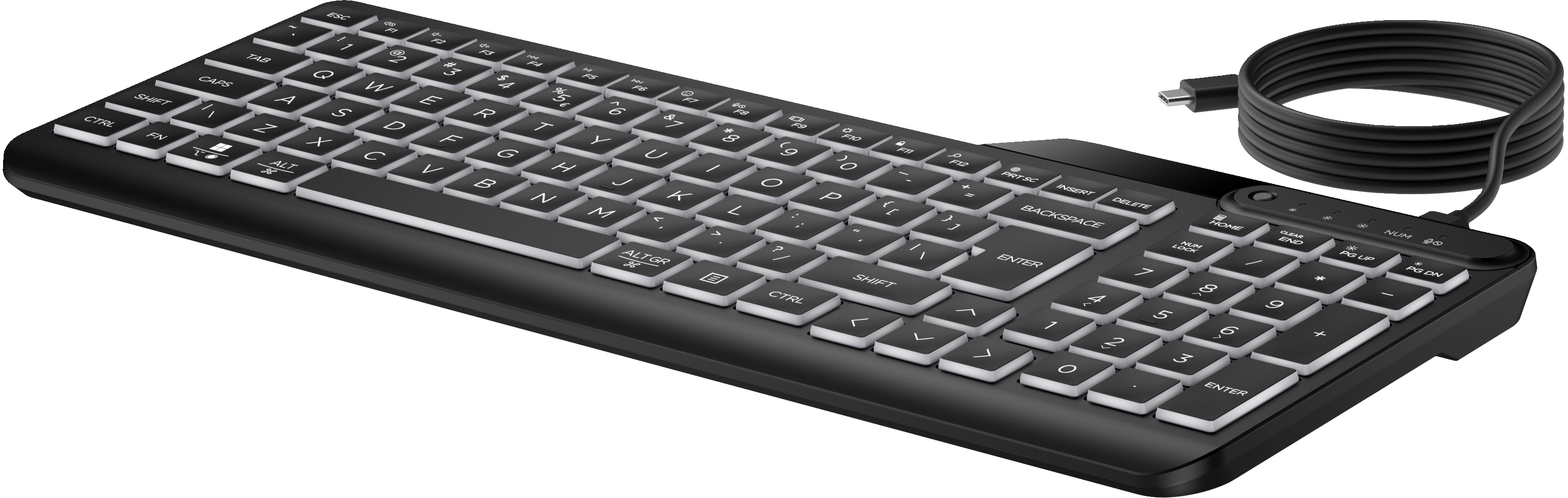 A black computer keyboard with white keys and a connected USB-C cable.