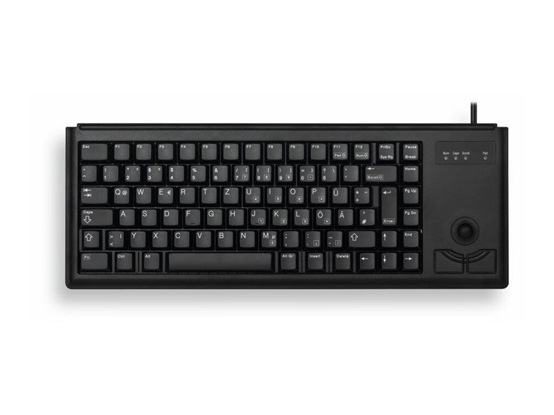 Eine schwarze Computertastatur mit deutschem QWERTZ-Layout und integriertem Trackball auf der rechten Seite.