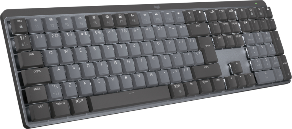 A sleek dark gray wireless keyboard with backlit keys and a numeric keypad, viewed from an angled perspective.