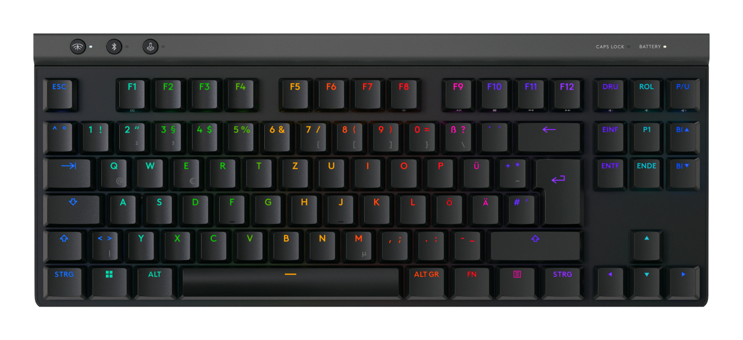 Una tastiera meccanica nera con layout tedesco e retroilluminazione colorata.