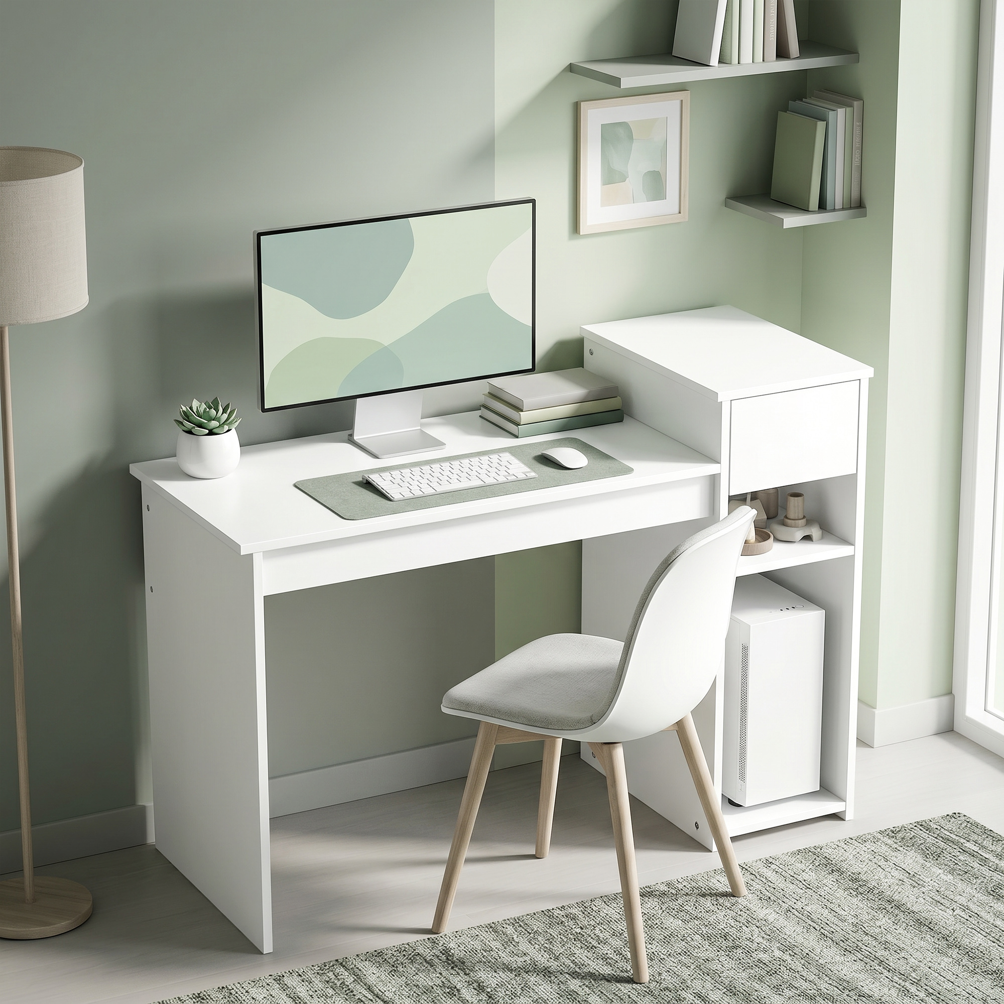 Moderno scrittorio bianco con monitor, sedia bianca e tappeto verde in stanza verde chiaro.