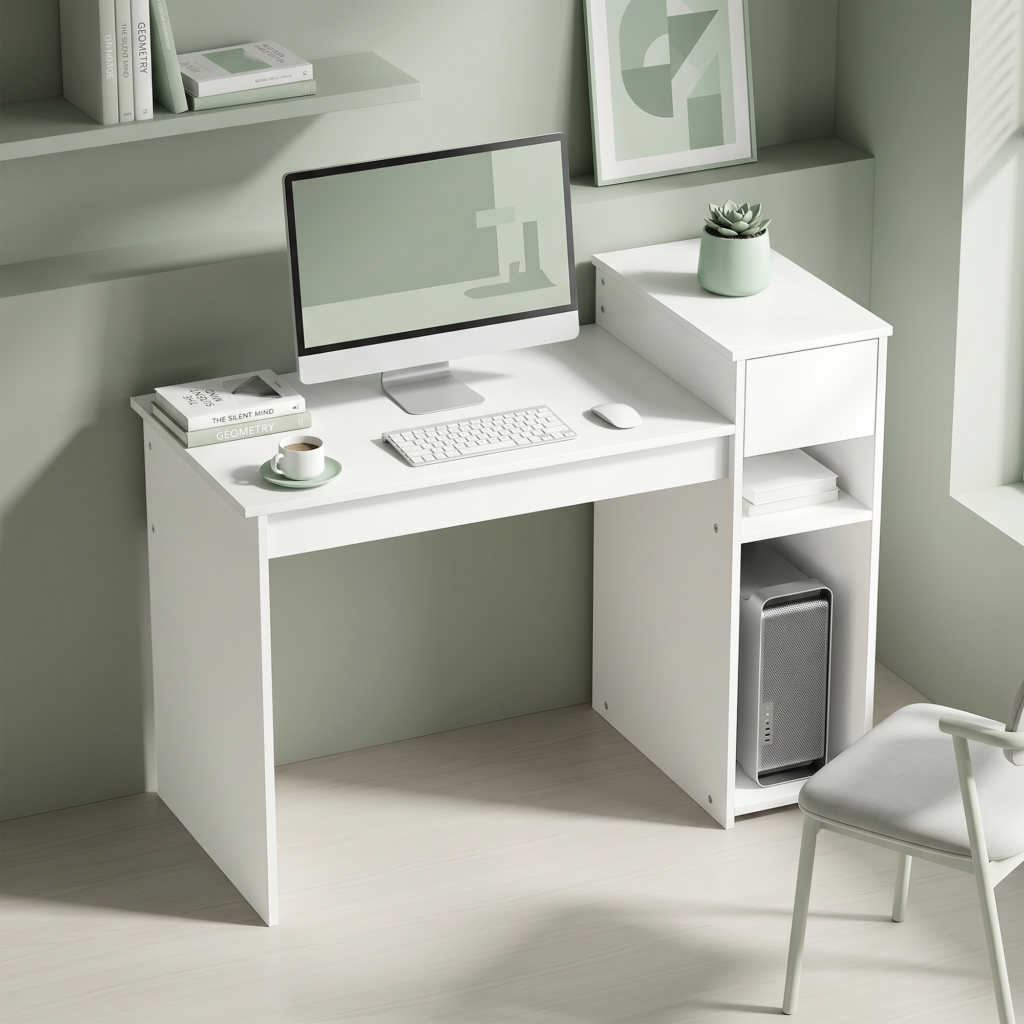 Una scrivania bianca con computer, tastiera, tazza di caffè, libri e una pianta in una stanza verde menta.
