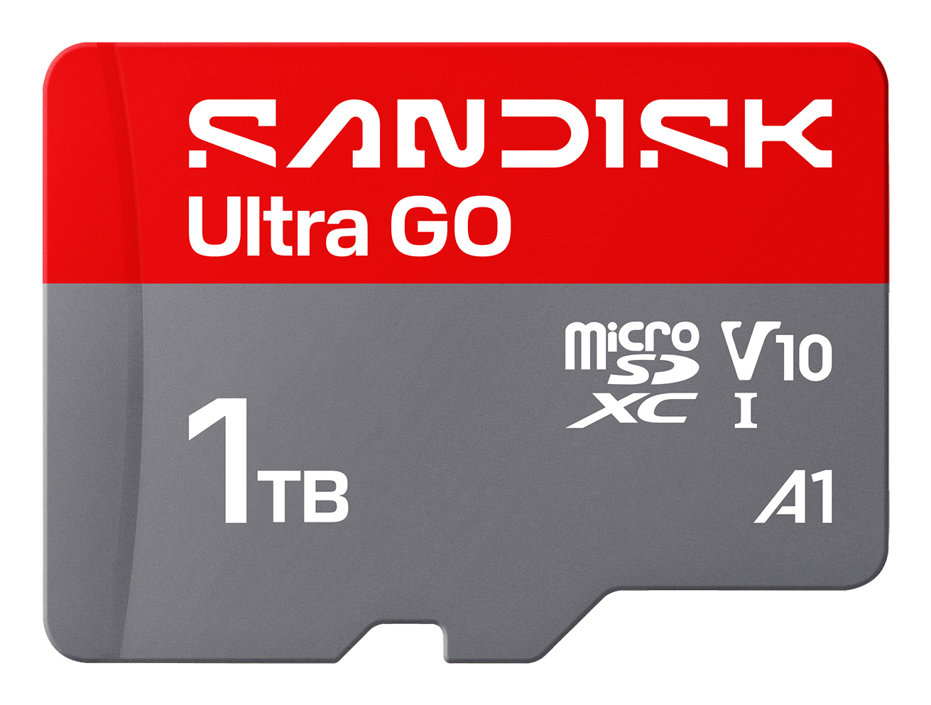 Une carte mmoire microSDXC SanDisk Ultra GO 1 To rouge et grise avec du texte blanc.