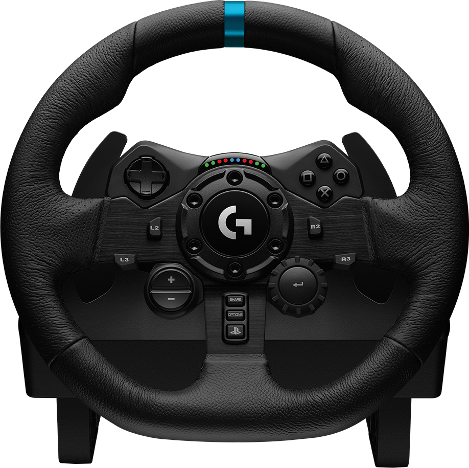 Un volante da corsa nero con vari pulsanti, un logo Logitech al centro e una striscia blu superiore.