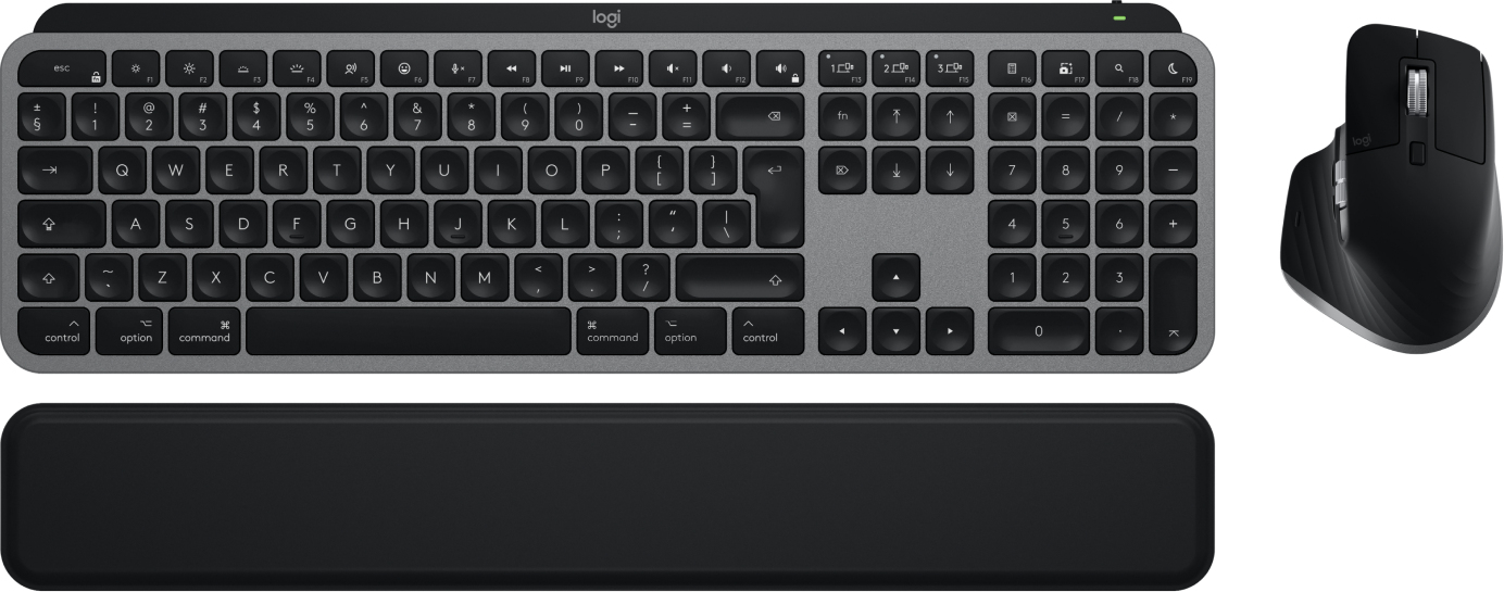 Una tastiera wireless grigia con tastierino numerico, un mouse ergonomico nero e un poggiapolsi.