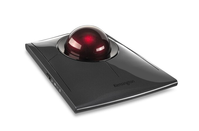 A black Kensington trackball featuring a shiny red ball and two buttons on a white background.