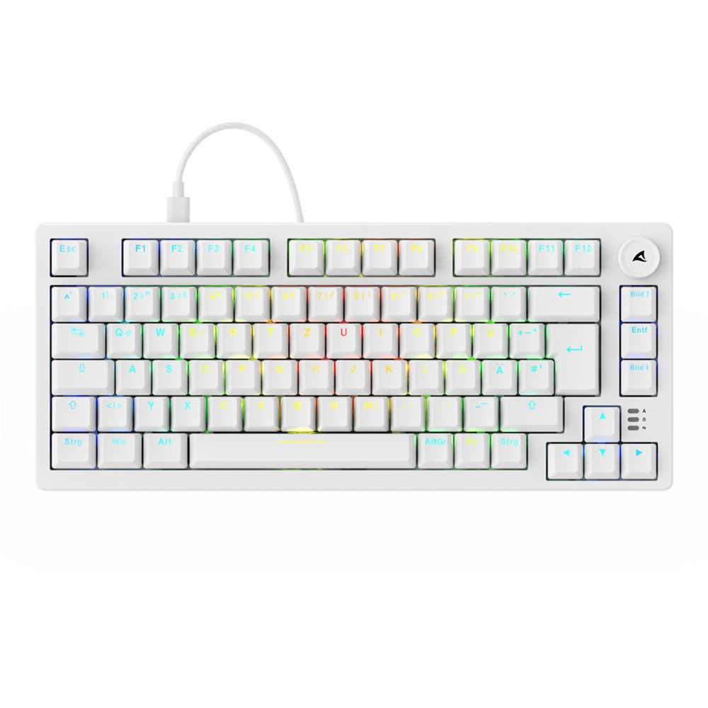 Eine weiße mechanische Tastatur mit RGB-Hintergrundbeleuchtung und angeschlossenem USB-Kabel auf weißem Hintergrund.