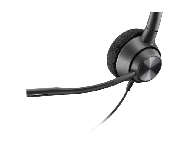 Cuffia nera on-ear con padiglione imbottito e braccio del microfono regolabile su sfondo bianco.