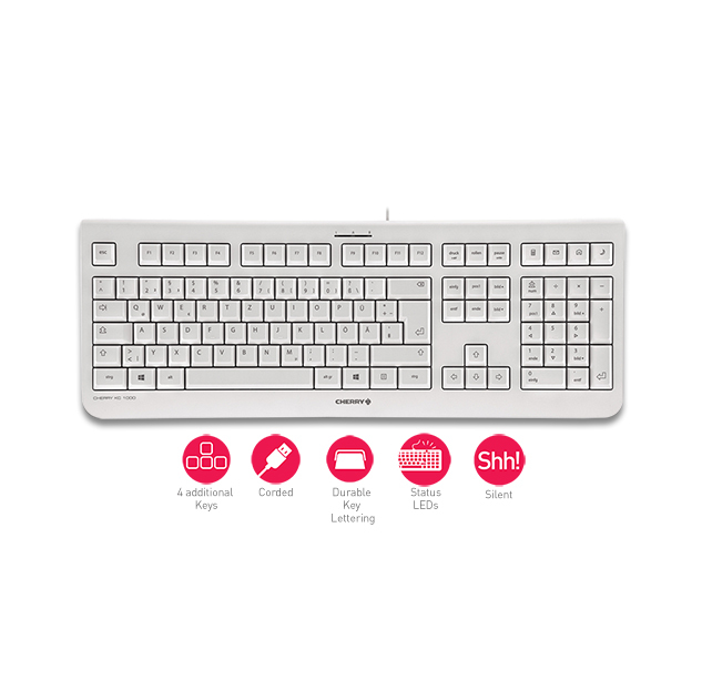 Teclado Cherry blanco con iconos rojos para 4 teclas extra, con cable, teclas duraderas, LED de estado y silencioso.