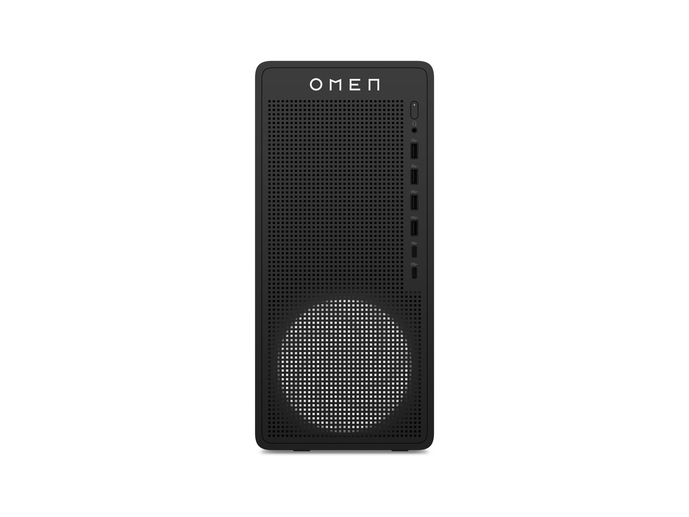 Vista frontal de una torre de PC de escritorio HP Omen negra con panel frontal perforado y logotipo Omen.