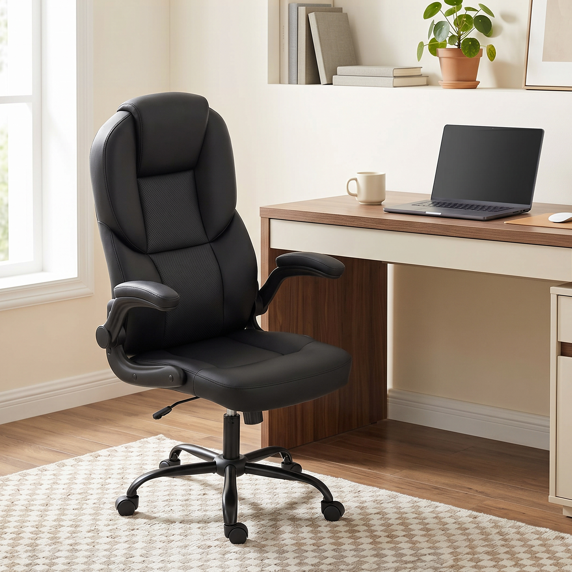 Una sedia da ufficio ergonomica nera in una stanza luminosa davanti a una scrivania in legno.