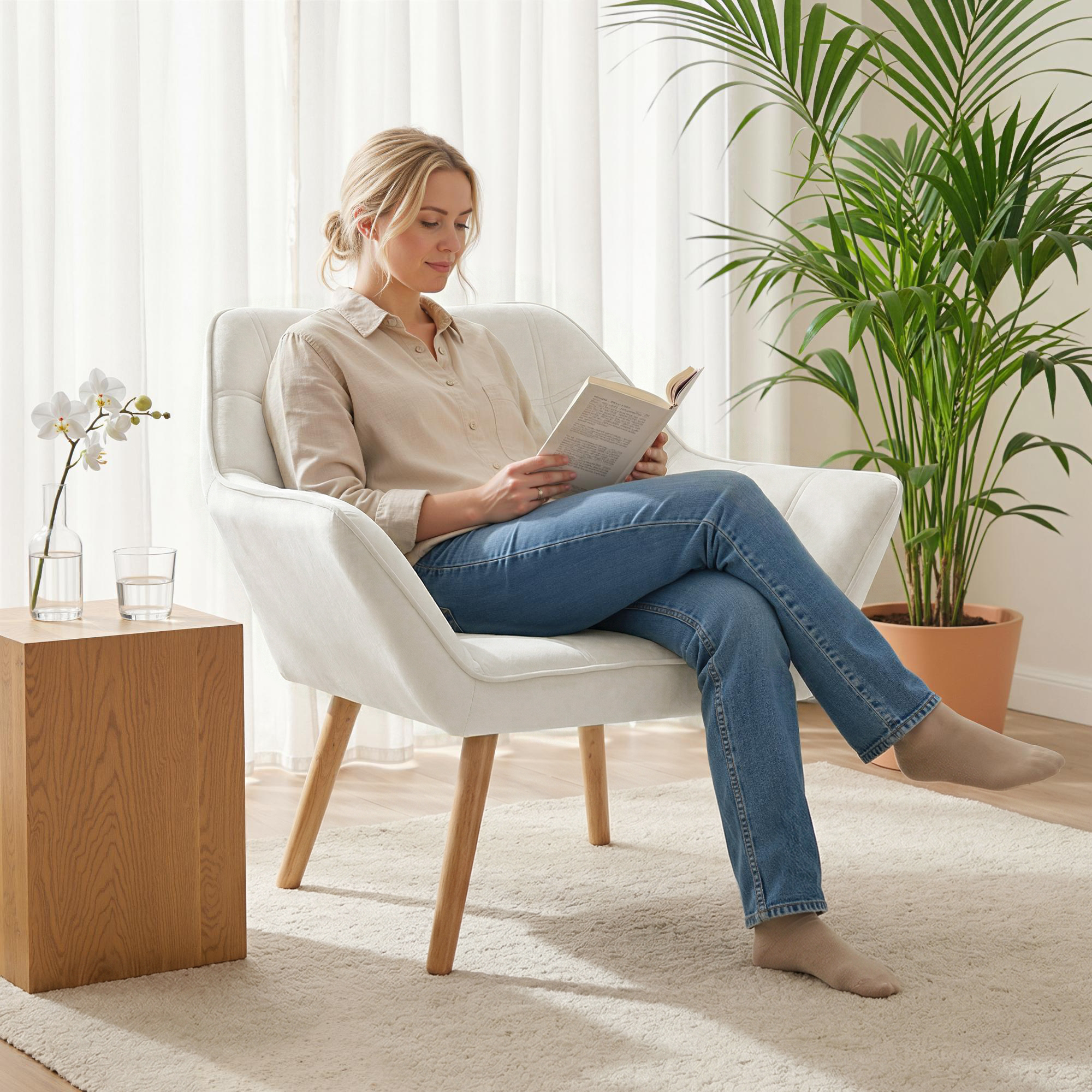 Una donna bionda con camicia beige e jeans legge un libro seduta su una poltrona bianca.