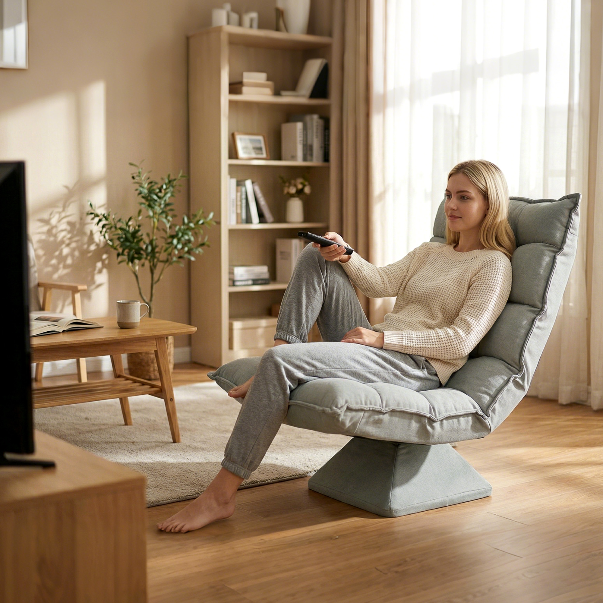 Una giovane donna bionda si rilassa su una poltrona grigia, tenendo un telecomando e guardando la TV in un luminoso soggiorno.