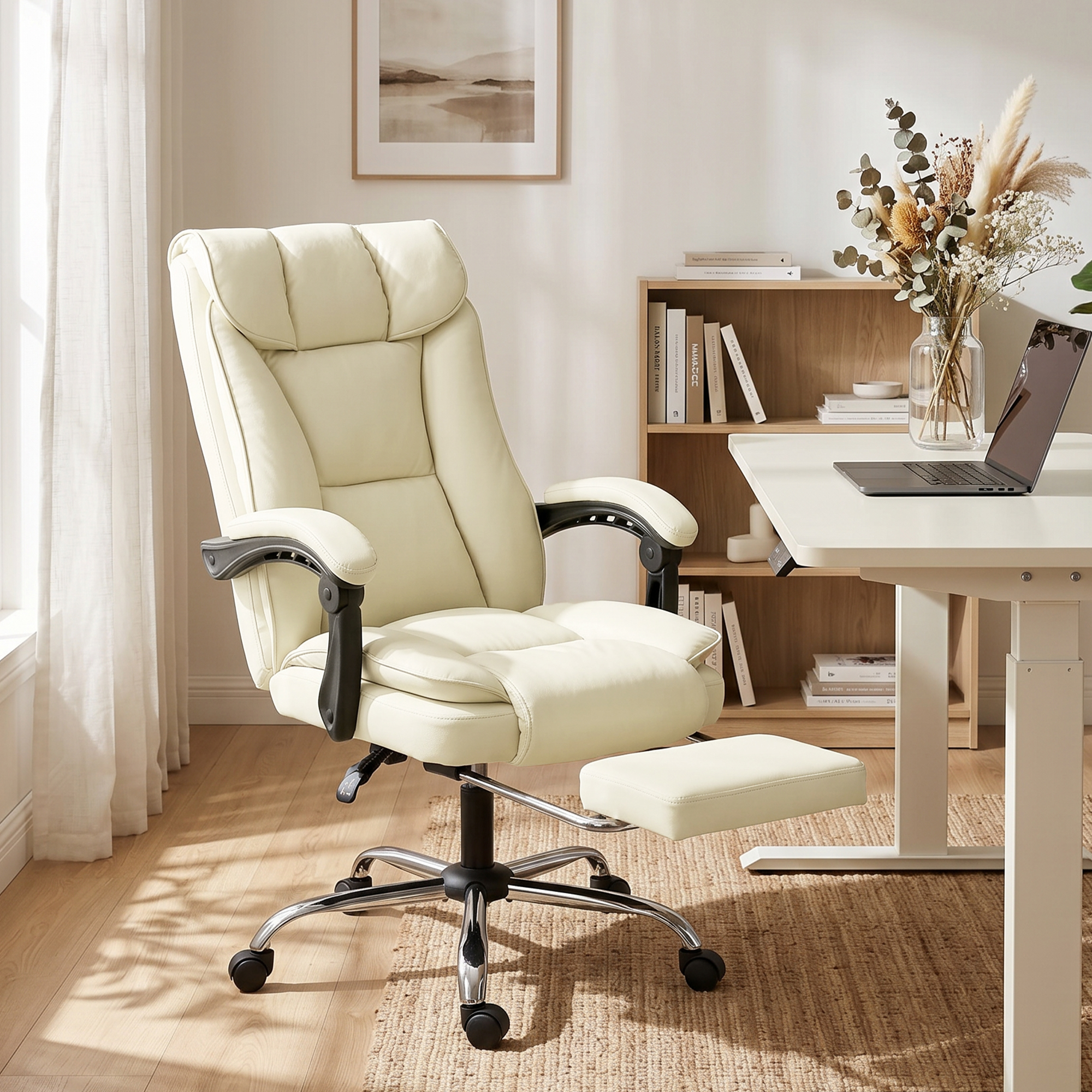Una sedia da ufficio ergonomica bianca con poggiapiedi è posizionata vicino a una scrivania in una stanza luminosa.