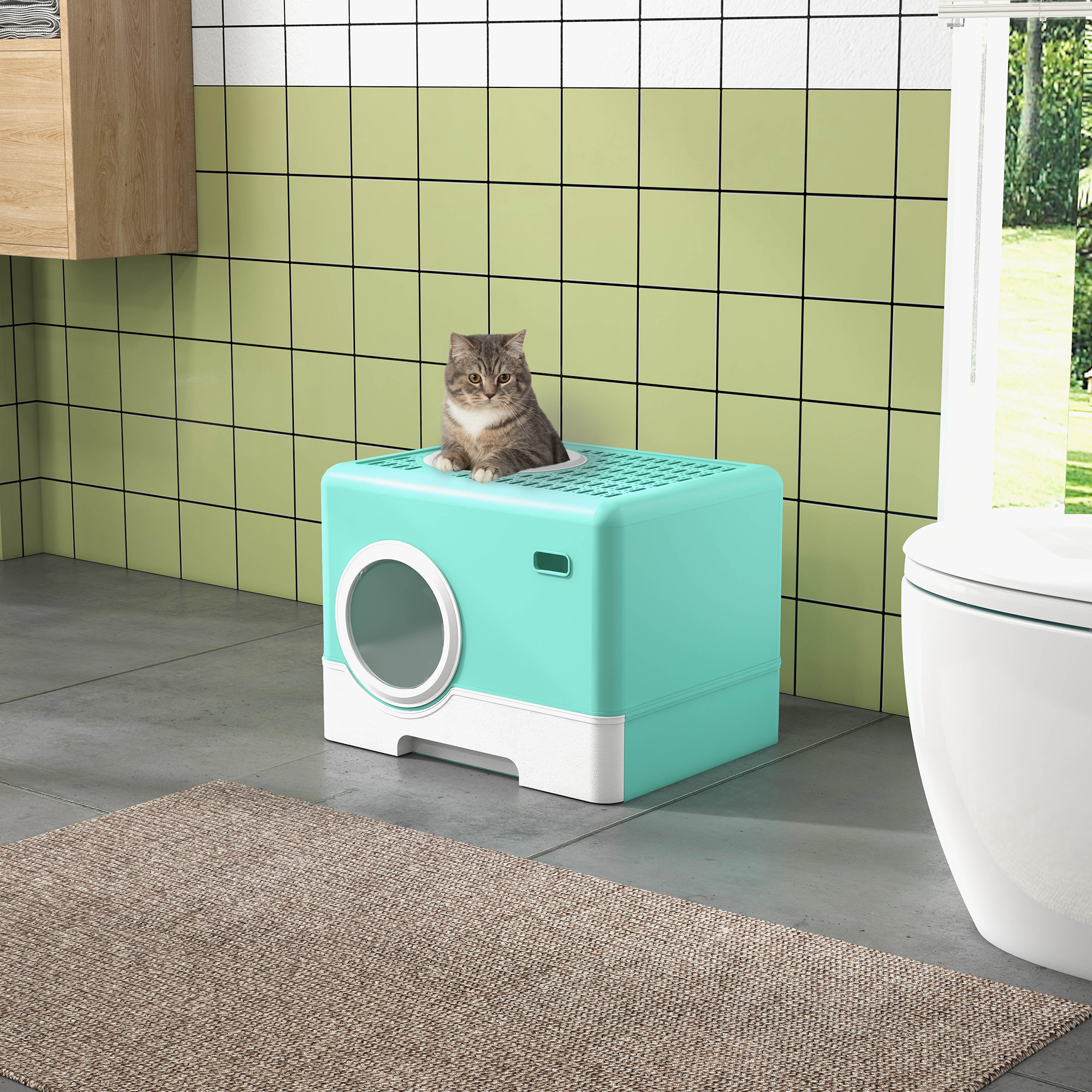 Un gatto tigrato grigio siede sopra una cassetta igienica verde menta in un bagno.