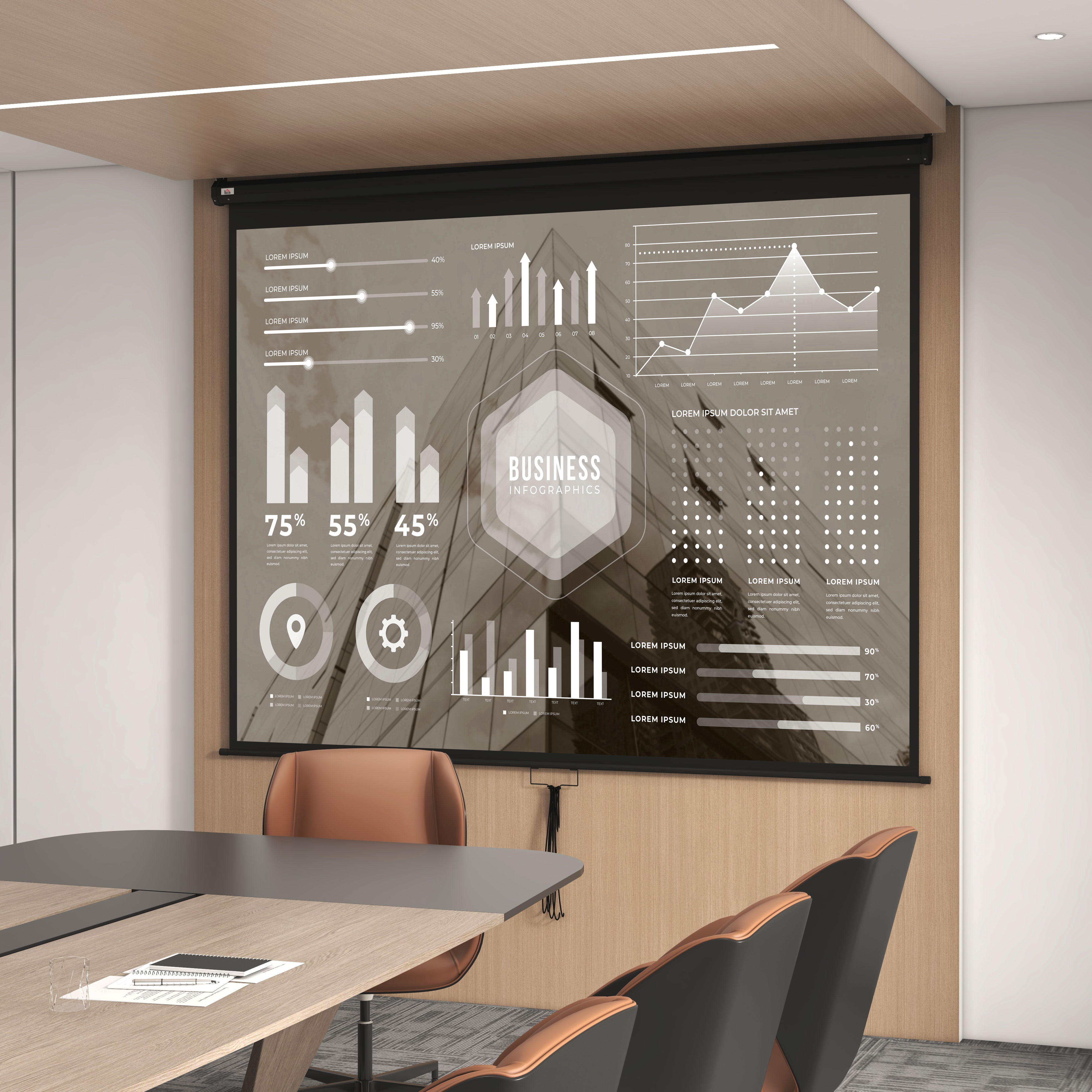 Moderna sala conferenze con grande schermo per proiettore che mostra infografiche aziendali e tavolo in legno.