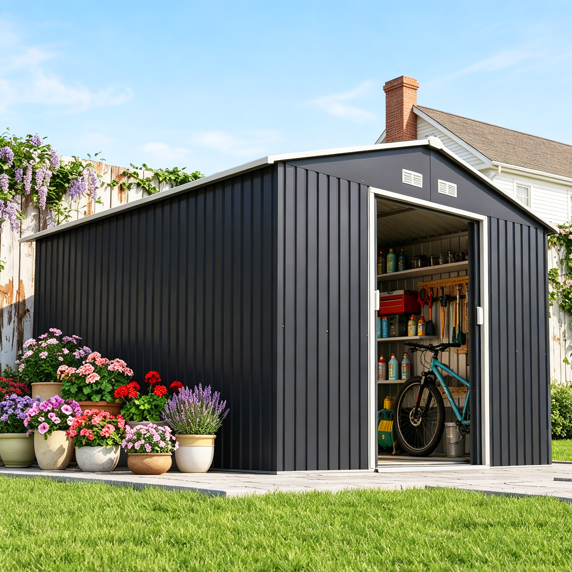 Casetta da giardino in metallo grigio scuro con fiori, porta aperta, attrezzi e una bicicletta all'interno.