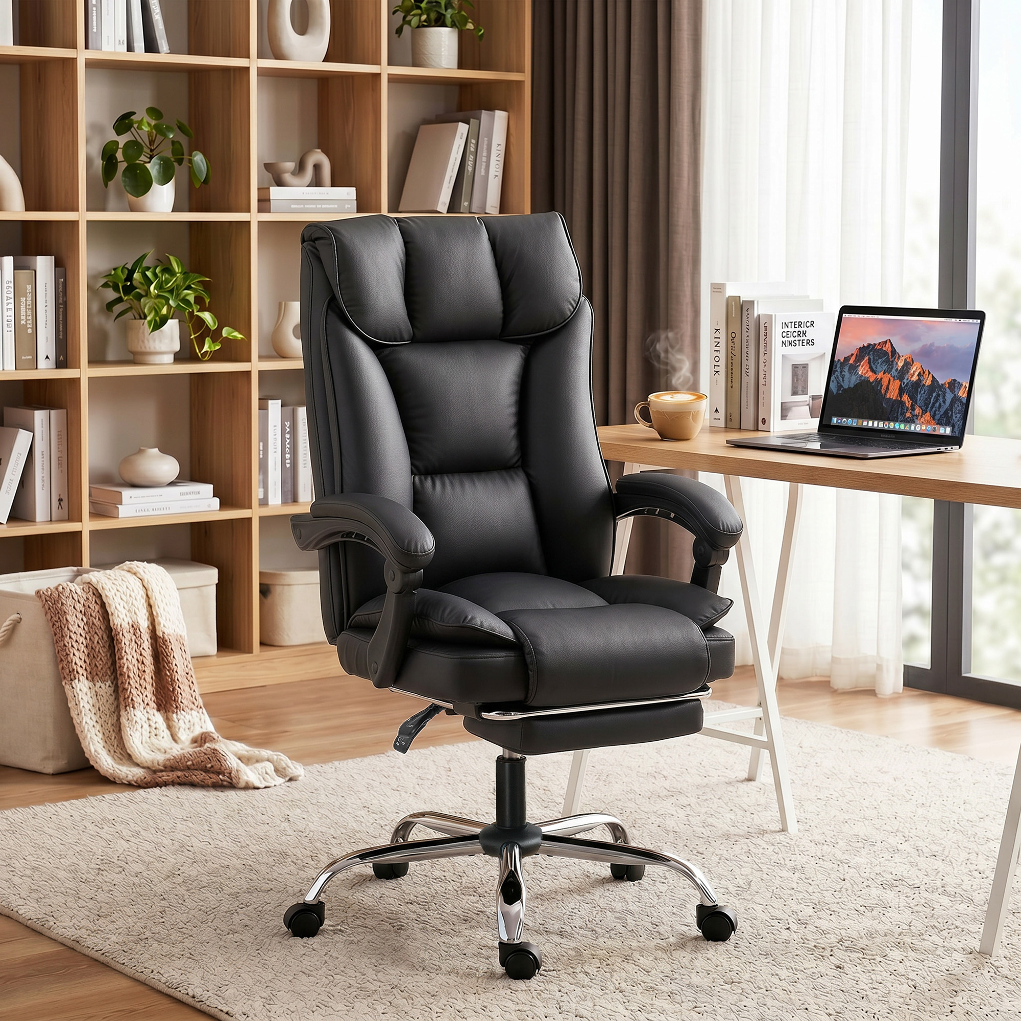 Una sedia da ufficio in pelle nera in un ufficio moderno con libreria in legno e laptop.