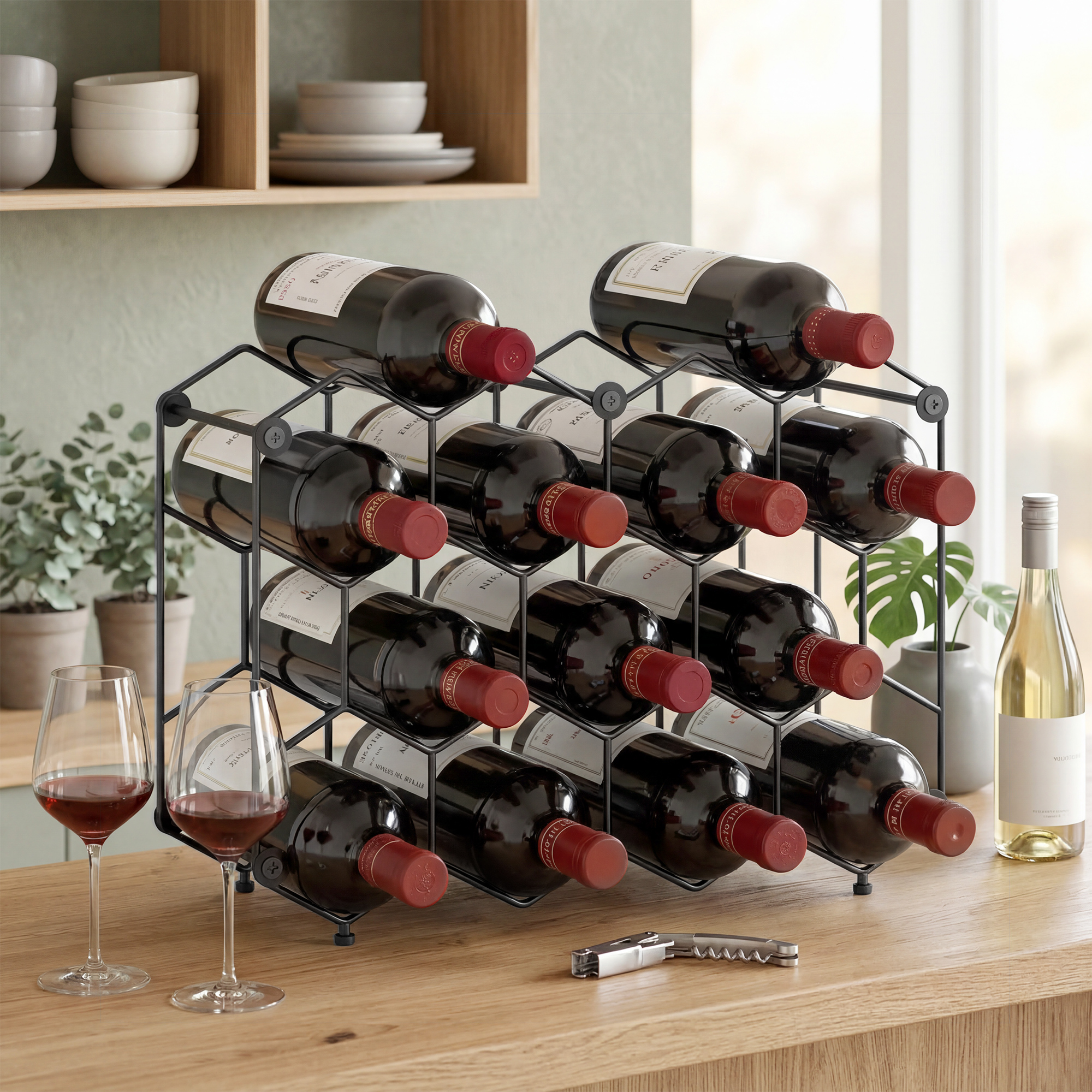 Portabottiglie in metallo nero con dodici bottiglie di vino rosso su bancone in legno, due bicchieri e un cavatappi.