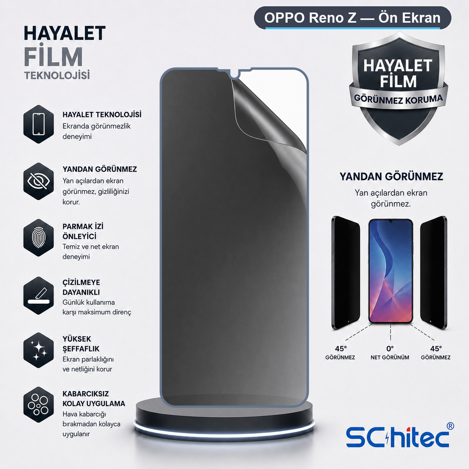 Oppo Reno Z hayalet ekran koruyucu, yandan görünmezlik özelliğini gösterir.