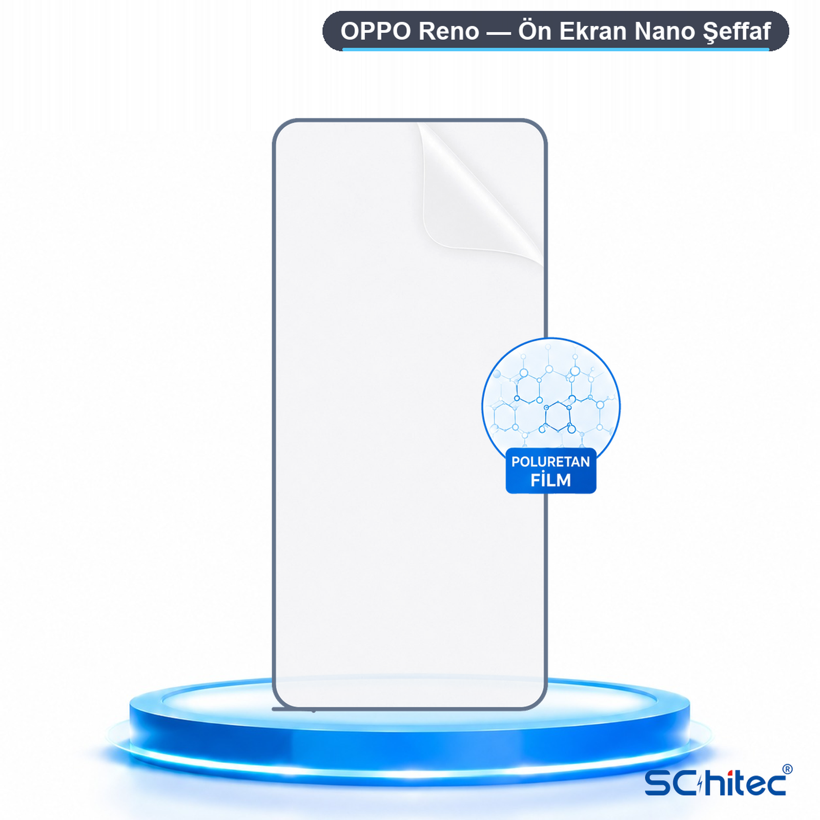 Mavi kaide üzerinde moleküler grafikli Oppo Reno için şeffaf poliüretan ekran koruyucu.