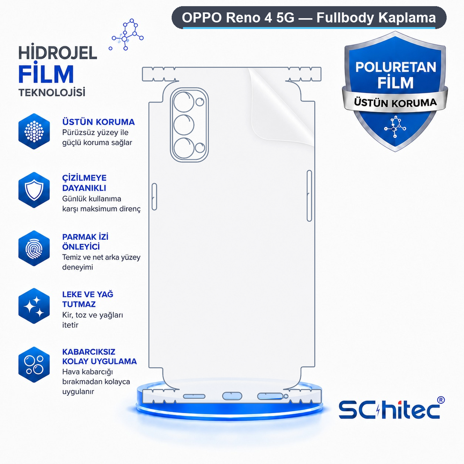 Oppo Reno 4 5G tam kaplama ekran koruyucu reklamı ve özellikleri.