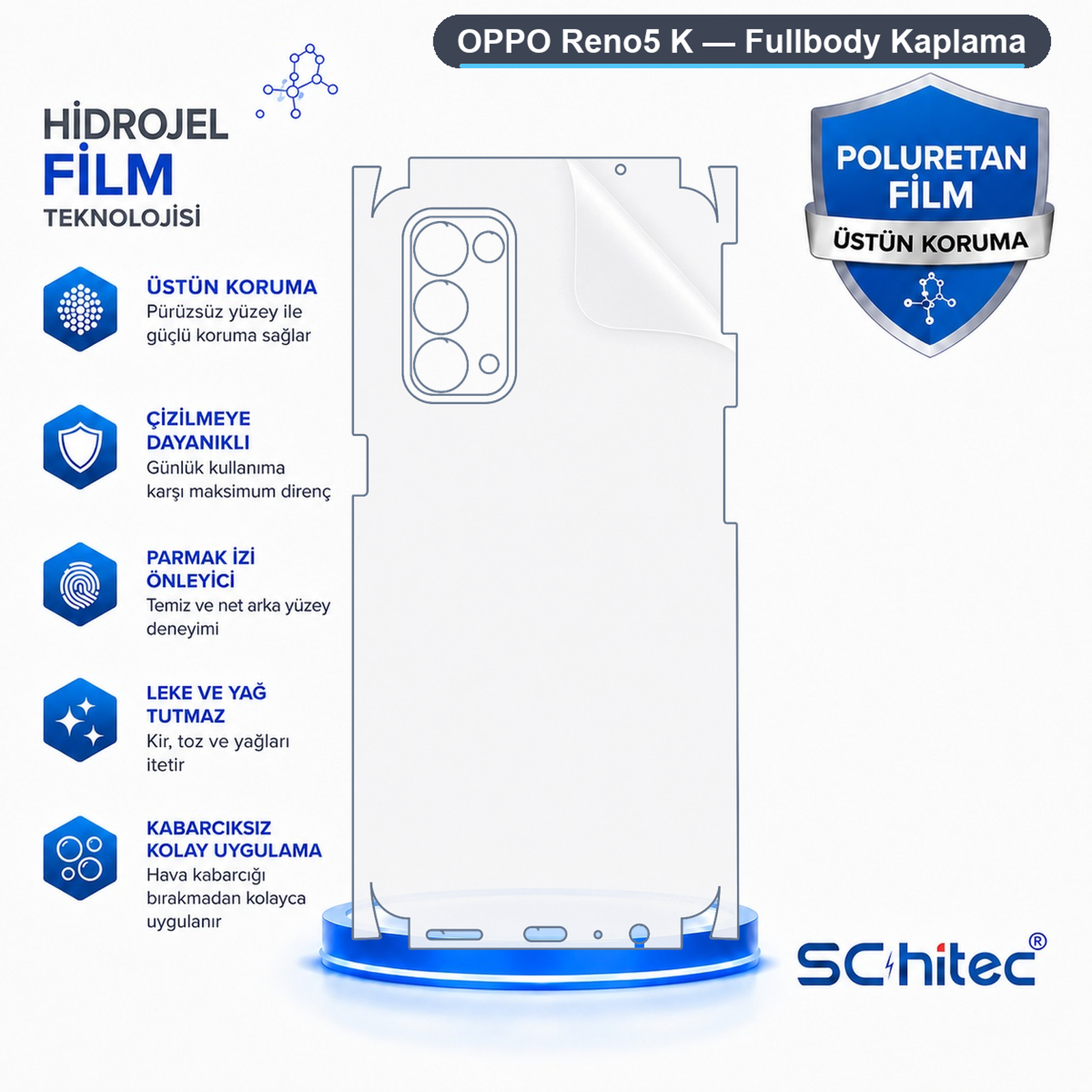 Mavi detaylar ve özelliklere sahip OPPO Reno5 K için hidrojel ve poliüretan koruyucu film ekranı.