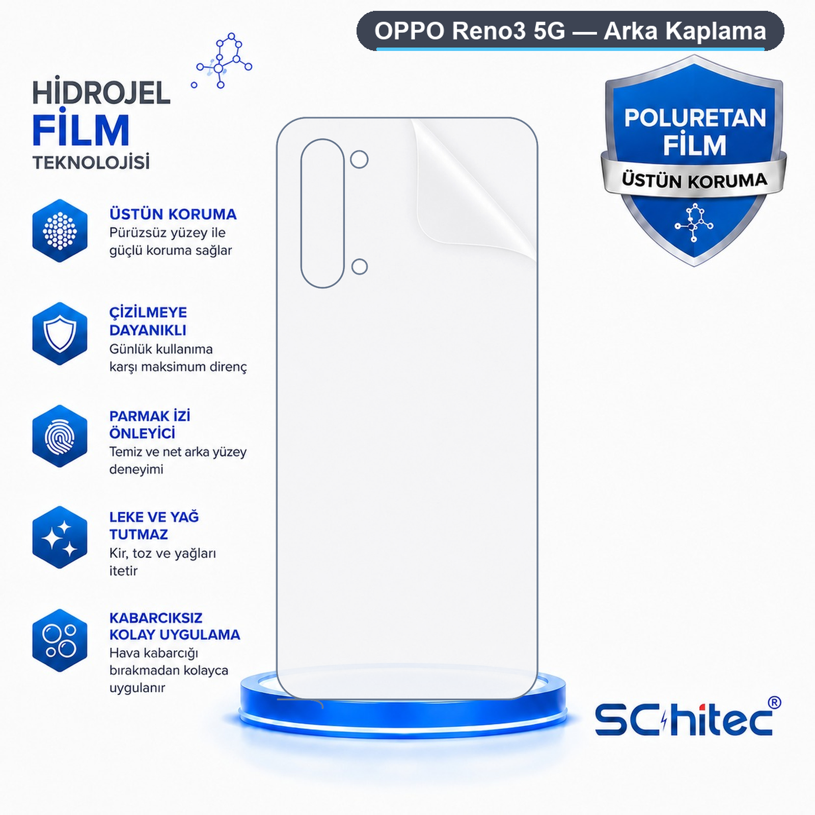 Oppo Reno3 5G için şeffaf hidrojel arka kaplama özelliklerini gösteren Türkçe bilgilendirici görsel.