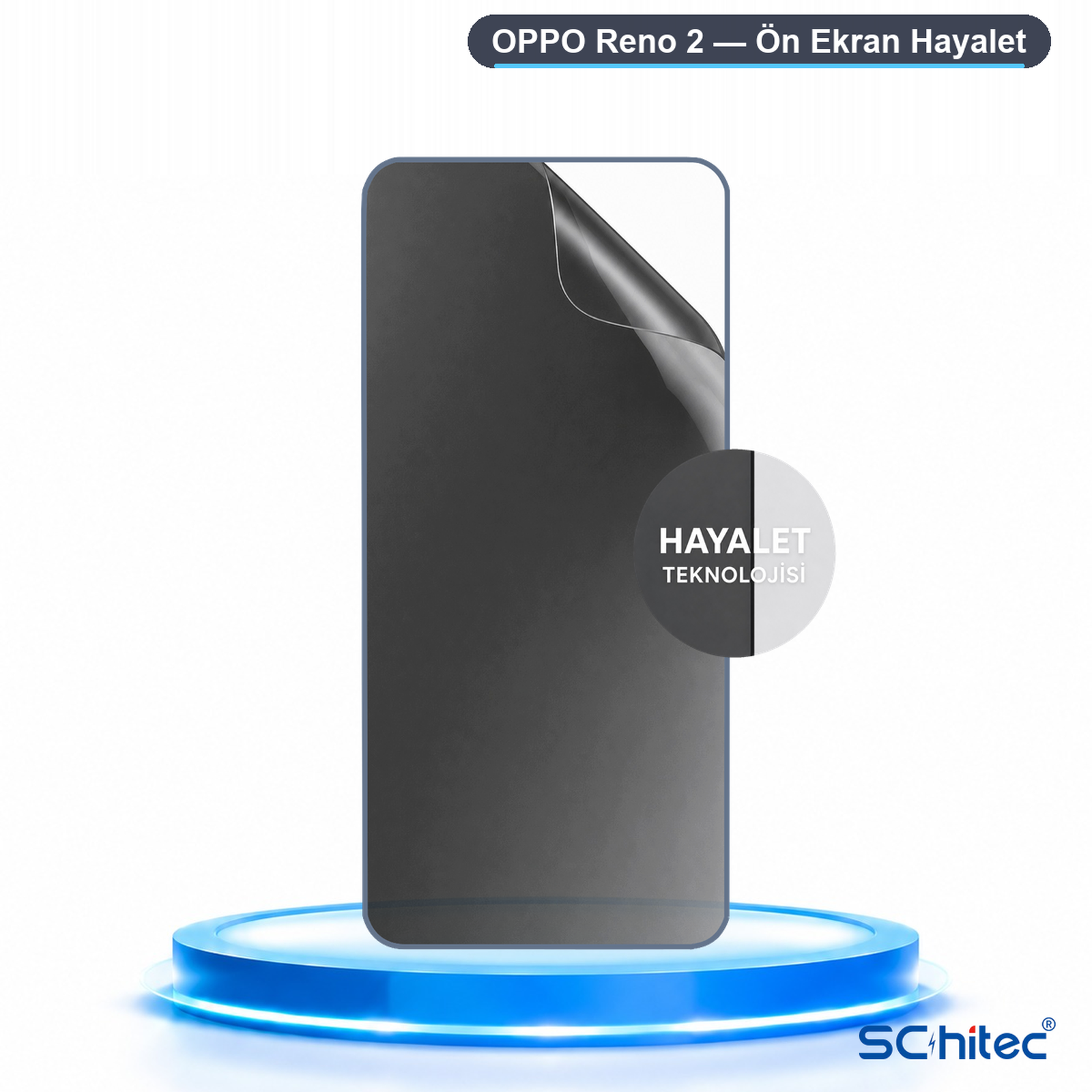 Mavi yanan bir podyum üzerinde siyah OPPO Reno 2 ekran koruyucu.