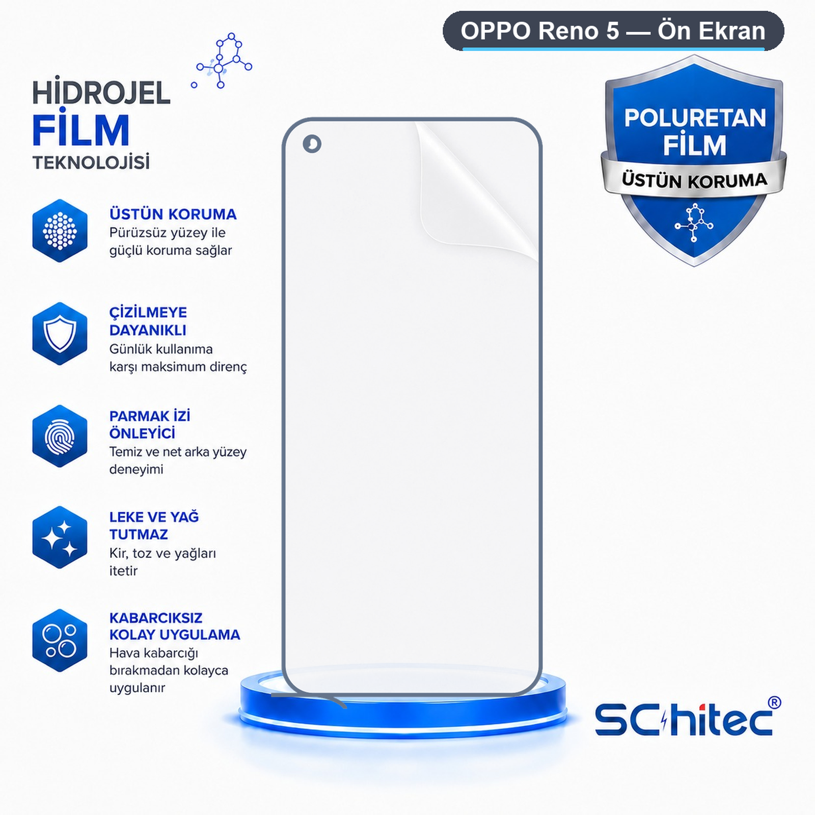 Mavi metin ve simgeler içeren Oppo Reno 5 ekran koruyucu ürün reklamı.