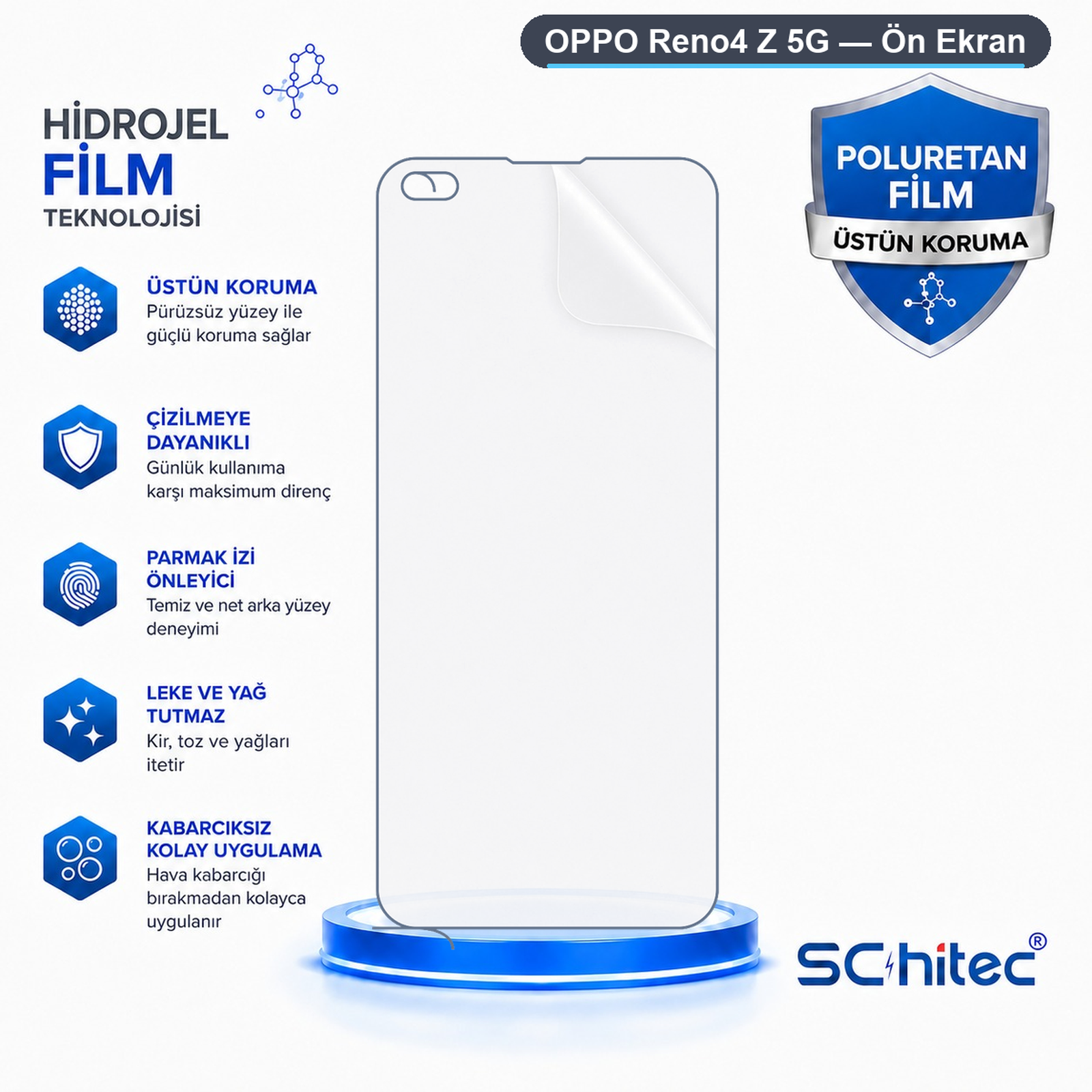 Camgöbeği ve beyaz renkli metinler ile simgeler içeren Oppo Reno4 Z 5G ekran koruyucusu.