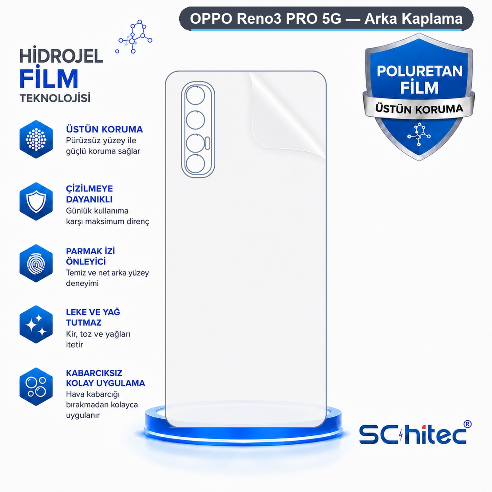 Oppo Reno3 Pro 5G için özellikler ve mavi detaylar içeren hidrojel arka koruyucu afişi.